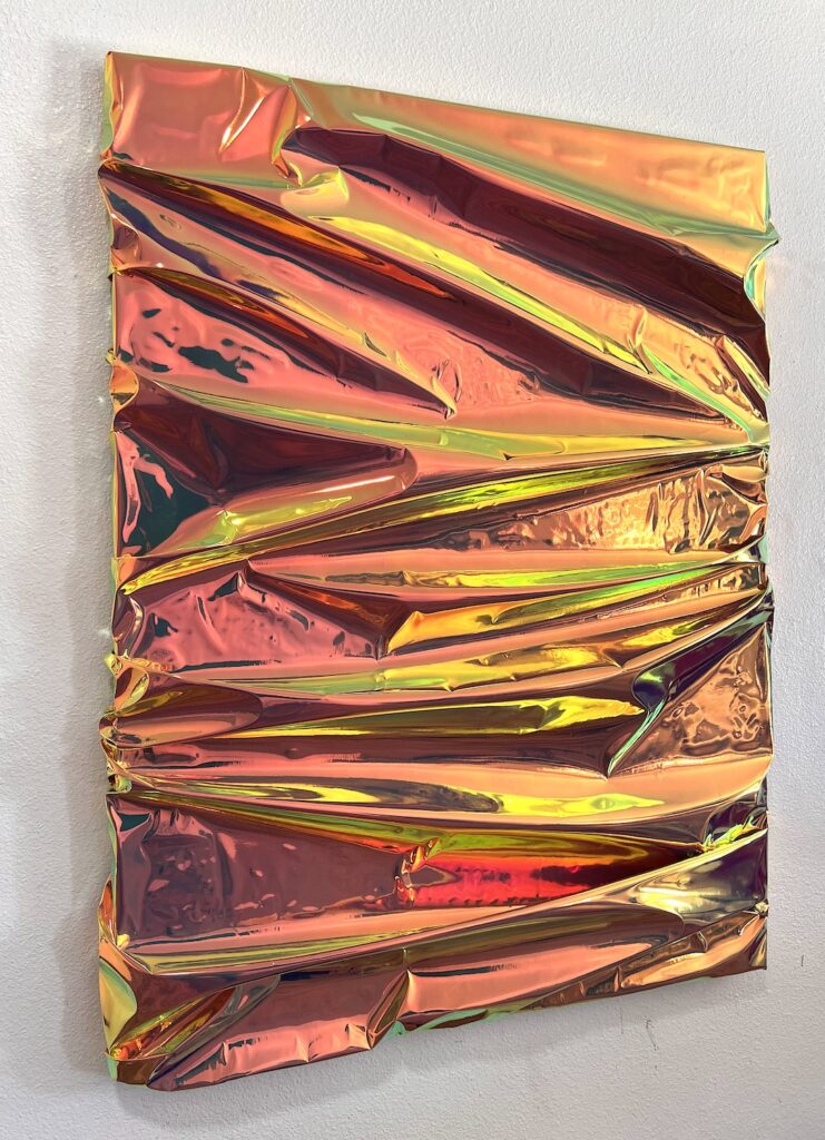 Solid Crush, 2023, 60" x 48", Gold/ Silver Holographic Multi-Color Chrome Vinyl Fabric on panel