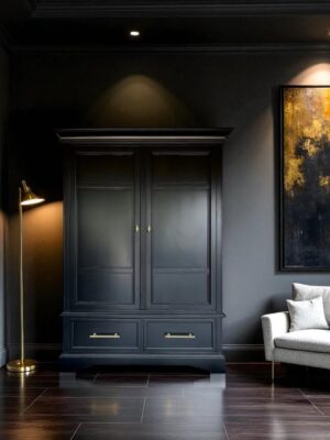 Refinished Solid Wood Stanley Armoire – Matte Black & Gold | Bold, Classic Storage