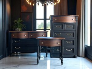 Refinished Pulaski Keepsake 3-Piece Vintage Bedroom Set – Matte Black & Dark Walnut | Solid Oak